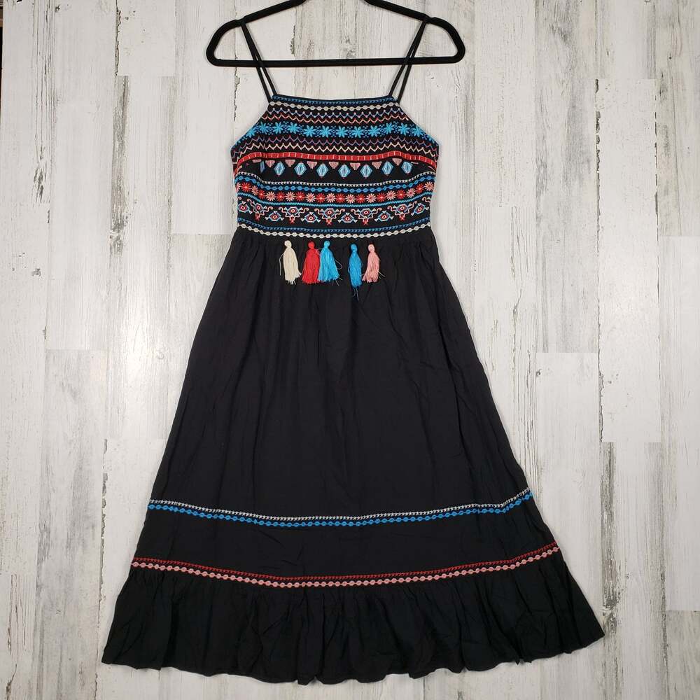 NWT Andree by Unit Black Embroidered Strappy Tassel Dress Women's Size Small